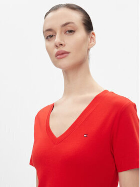 Tommy Hilfiger Γυναικείο T-shirt με V Λαιμόκοψη Κόκκινο