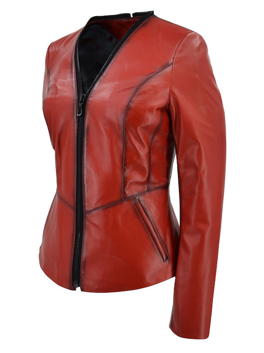 Δερμάτινα 100 Women's Short Lifestyle Leather Jacket for Winter RED