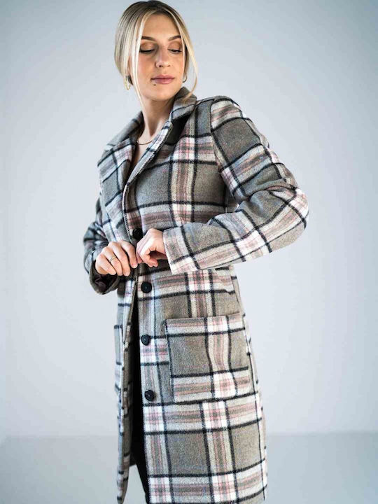 Figl Women's Checked Midi Coat with Buttons Gray