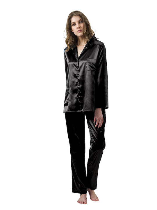 Pen-ky Winter Women's Pyjama Set Satin Black