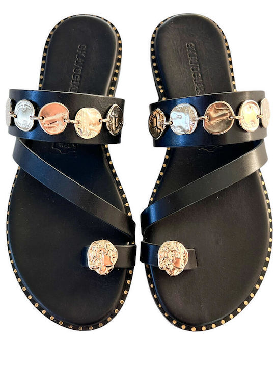 Gkavogiannis Sandals Handmade Leather Women's Sandals with Strass Black