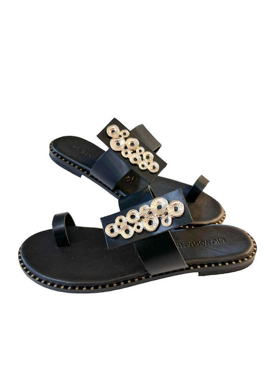 Leather Women's Flat Sandals in Black Color