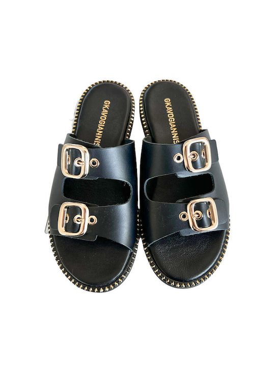 Gkavogiannis Sandals Leder Damen Flache Sandalen in Schwarz Farbe