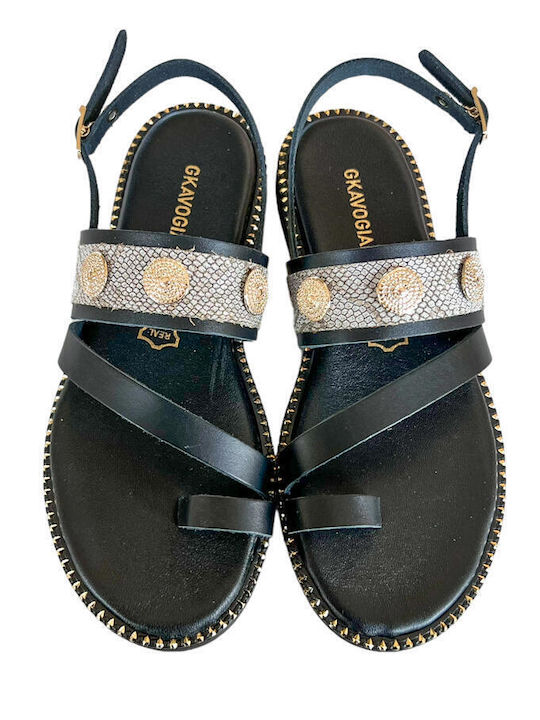 Gkavogiannis Sandals Leder Damen Flache Sandalen in Schwarz Farbe