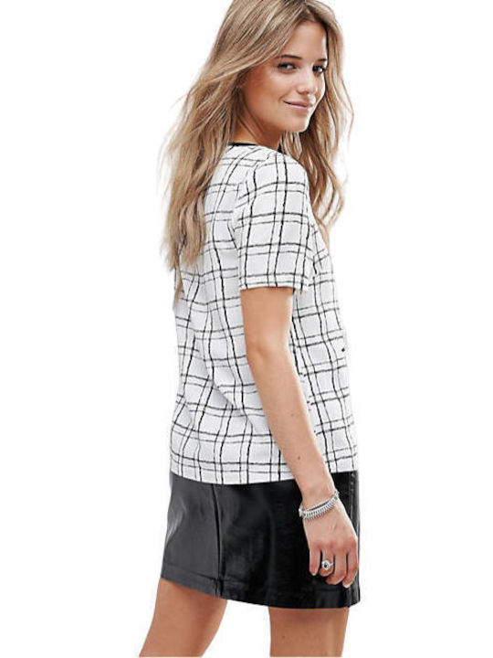 Bellfield Women's Summer Blouse Short Sleeve with Zipper Checked White