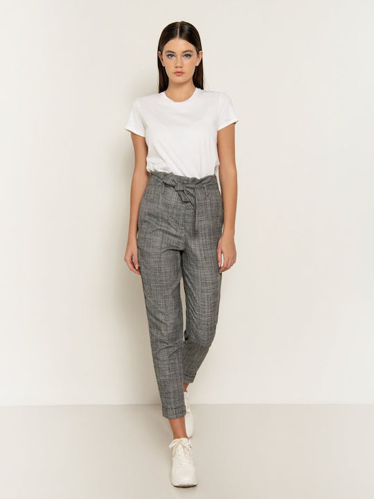 Toi&Moi Women's High-waisted Fabric Trousers in Paperbag Fit Gray