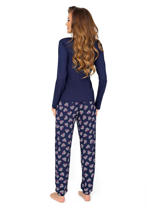 Donna Winter Damen Pyjama-Set Baumwolle Marineblau