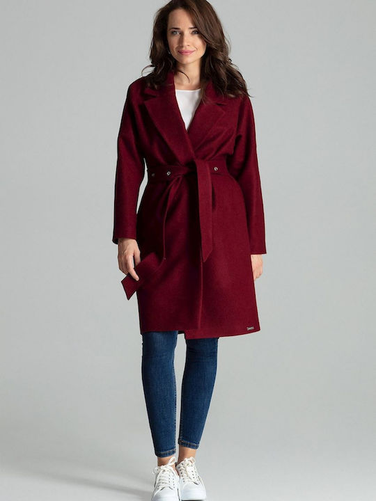 Lenitif Women's Midi Coat with Belt Burgundy