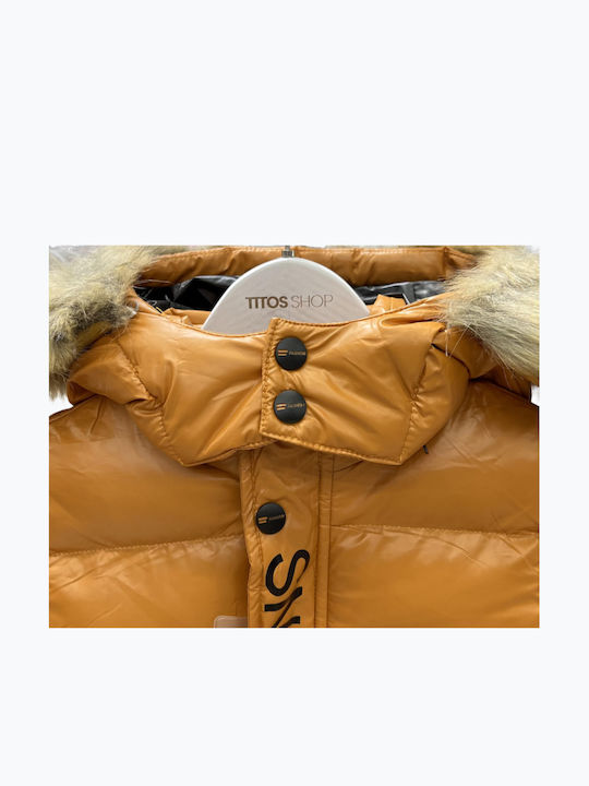 Waterproof Kids' Quilted Jacket with Lining & Hood Brown