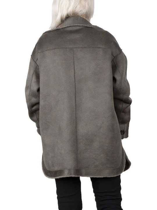 Wolle Damen Gray Mantel mit Fellbesatz