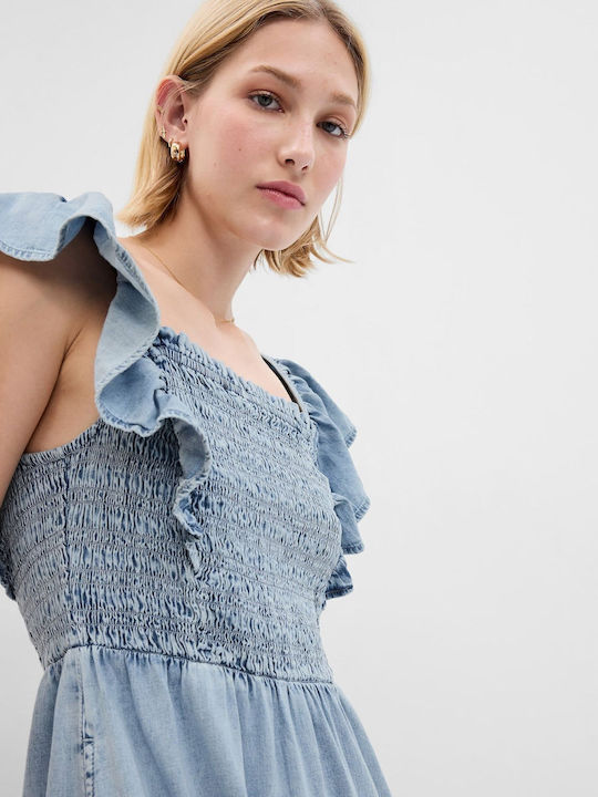 Summer Midi Dress with Ruffle Light Blue