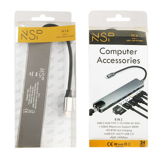 NSP N14 USB-C Докинг станция с HDMI 4K PD Етърнет Сив