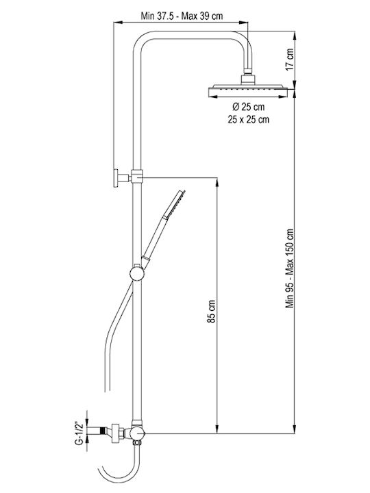 AQG Nite Ρυθμιζόμενη Στήλη Ντουζ με Μπαταρία 95-150 cm Μαύρη