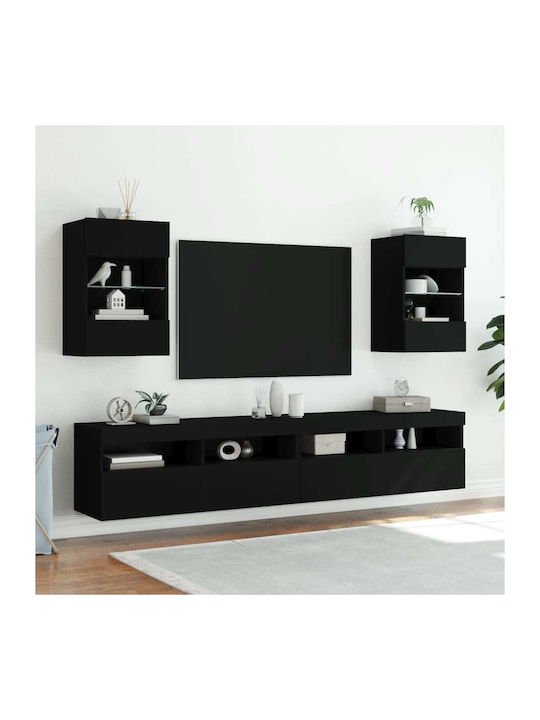 Wall Mounted Particle Board Living Room Display Cabinet with Glass & Lighting Black 40x30x60.5cm