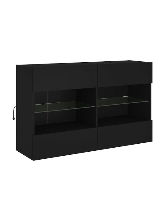 Wall Mounted Particle Board Living Room Display Cabinet with Glass & Lighting Black 98.5x30x60.5cm