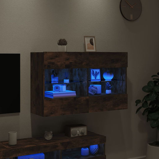 Wall Living Room Display Cabinet made of Particleboard with Glass & Lighting Smoky Oak 98.5x30x60.5cm