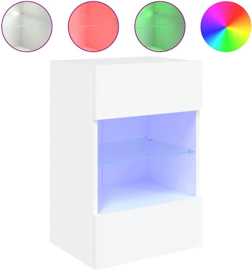 Vitrină Suspendată pentru Sufragerie din Placă Aglomerată Albă cu Geam și Iluminare LED 40x30x60,5 cm