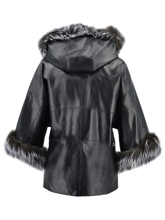 Dermatina 100 Women's Short Lifestyle Artificial Leather Jacket Double Sided for Winter with Hood Black.