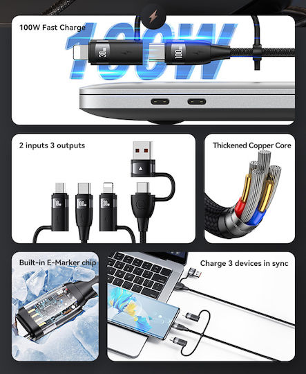 Usams US-SJ646 Braided USB to Lightning / Type-C / micro USB Cable Μαύρο 2m (SJ646USB01)