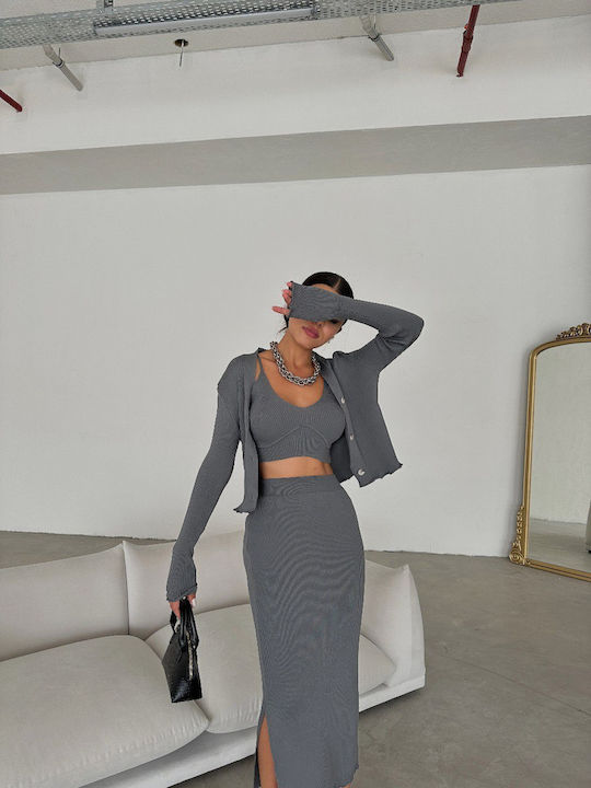 Sobe Set with High Waist Midi Skirt in Gray color