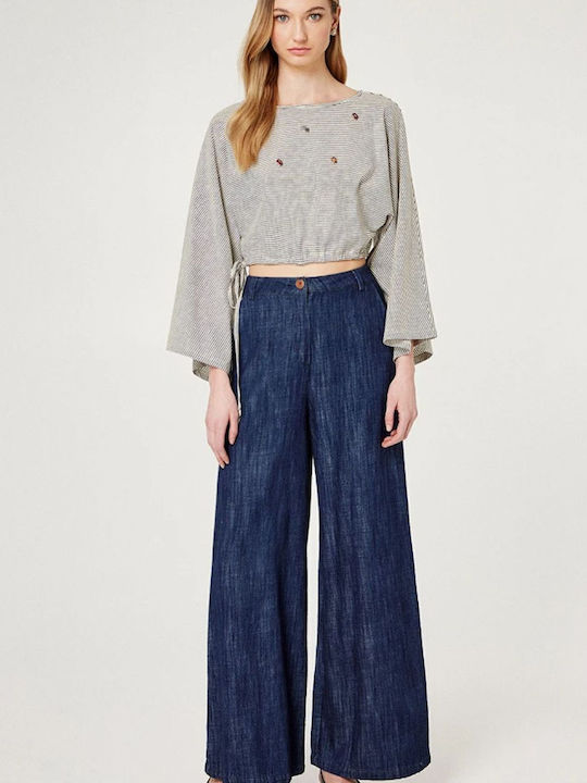 Γυναικείο Crop Top Βαμβακερό Μακρυμάνικο Ριγέ Μπεζ