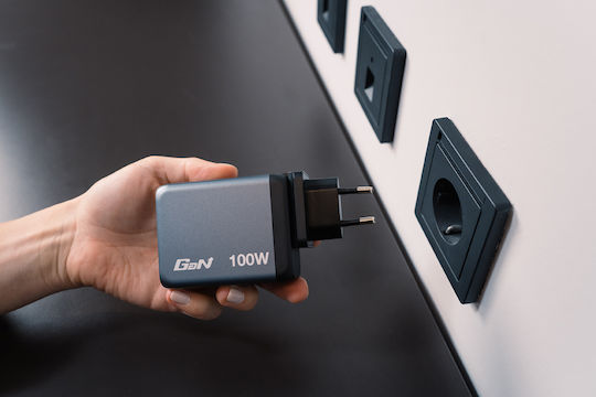 Verbatim Φορτιστής Χωρίς Καλώδιο GaN με Θύρα USB-A και 3 Θύρες USB-C 100W Power Delivery / Quick Charge 3.0 Γκρι (GNC-100)