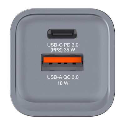 Verbatim Încărcător Fără Cablu GaN cu Port USB-A și Port USB-C 35W Livrarea energiei / Încărcare rapidă 3.0 Gri (GNC-35)