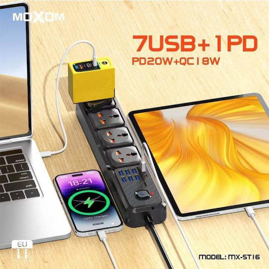 Moxom Power Strip with Surge Protection 4 Positions with 7 USB-A, 1 USB-C, Switch and Cable 2m
