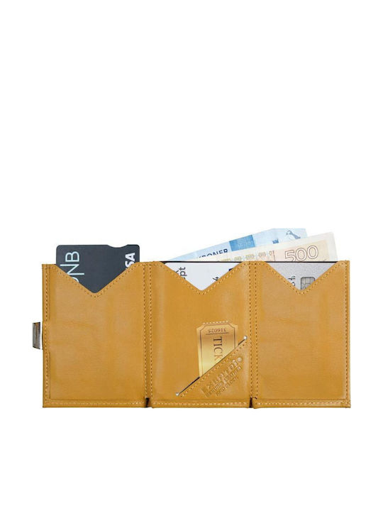 Δερμάτινο Ανδρικό Πορτοφόλι Καρτών με RFID και Μηχανισμό Slide Κίτρινο