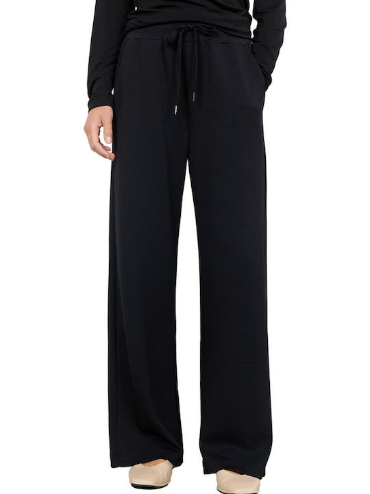 Women's High-waisted Fabric Trousers with Elastic Black