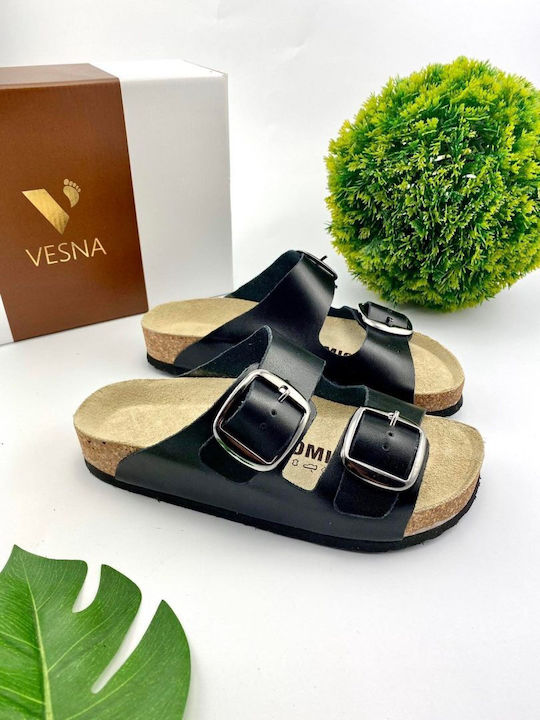 Vesna Leather Women's Flat Sandals Anatomic Black/Silver