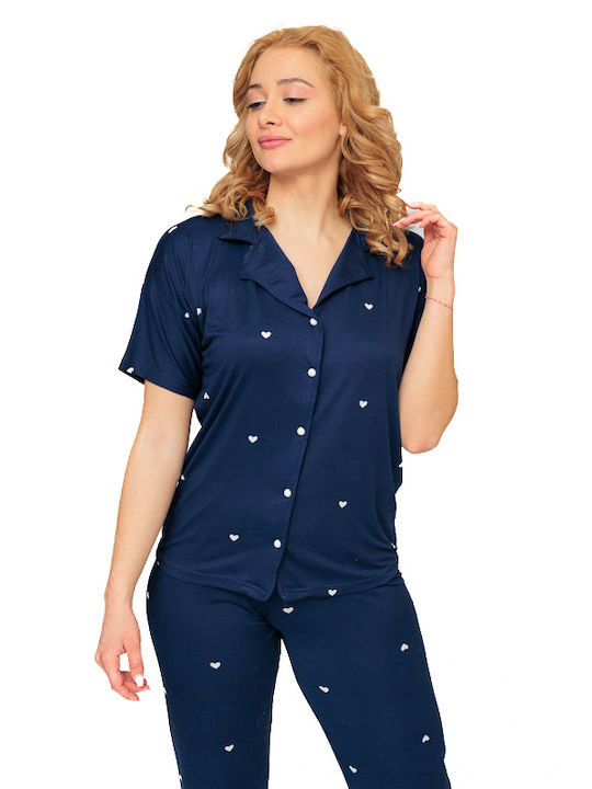 VIolet Winter Damen Baumwolle Pyjama-Oberteil Blue