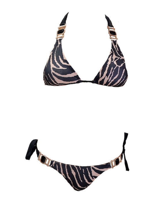 Senses Padded Bikini Set Triangle Top & Brazil Bottom with Adjustable Straps Black Animal Print