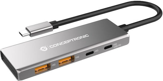 Conceptronic USB 3.2 4 Port Hub with USB-C Connection & Charging Port Gray