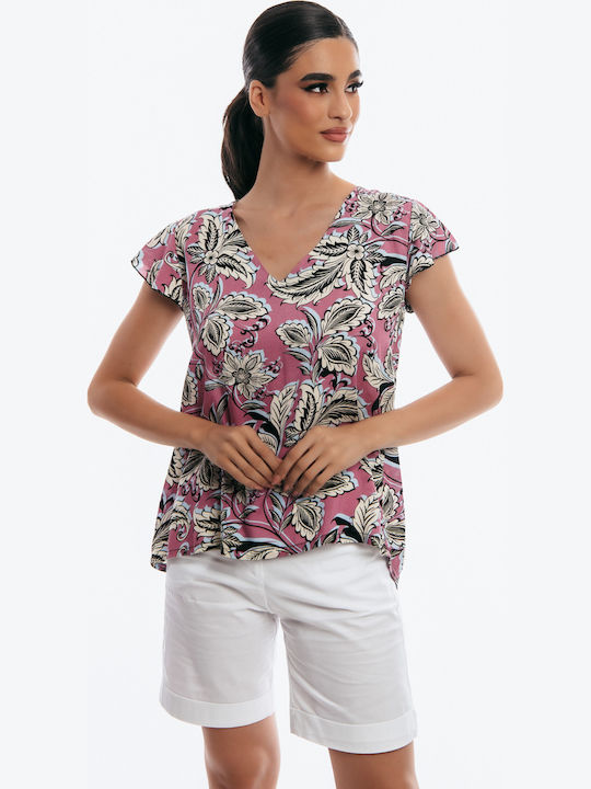 Damen Bluse Kurzärmelig mit V-Ausschnitt Pink