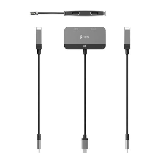 J5 Create JCA465 USB-C Докинг станция с HDMI 4K и свързване 2 монитора Сив