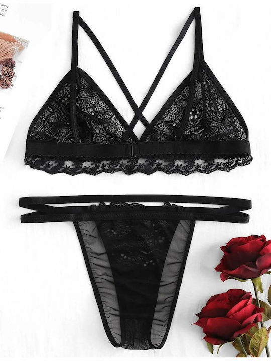Siya Miting Dantelat Set de Lenjerie Sutien cu Brazilia Negru