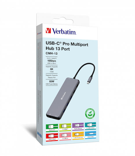 Verbatim CMH-13 USB-C Docking Station με HDMI/DisplayPort 4K PD Ethernet και σύνδεση 3 Οθονών Γκρι