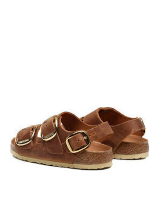 Milano Big Buckle Leather Women's Flat Sandals in Brown Color Narrow Fit