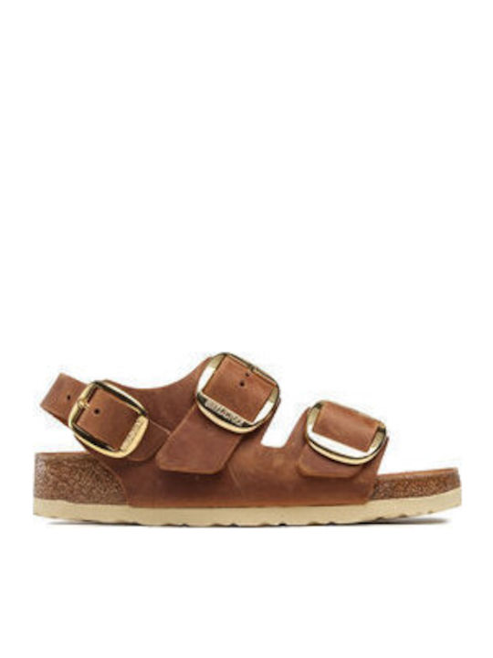 Milano Big Buckle Leather Women's Flat Sandals in Brown Color Narrow Fit