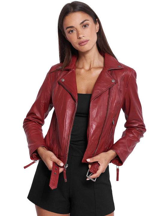 Vainas Medea Sheep Women's Short Biker Leather Jacket for Winter RED