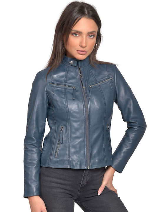 Vainas Nephele Sheep Women's Short Biker Leather Jacket for Winter Blue