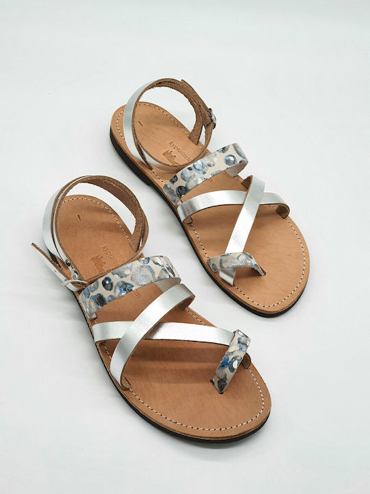 Kypraiosleather Leather Women's Flat Sandals with Strap Silver/Blue