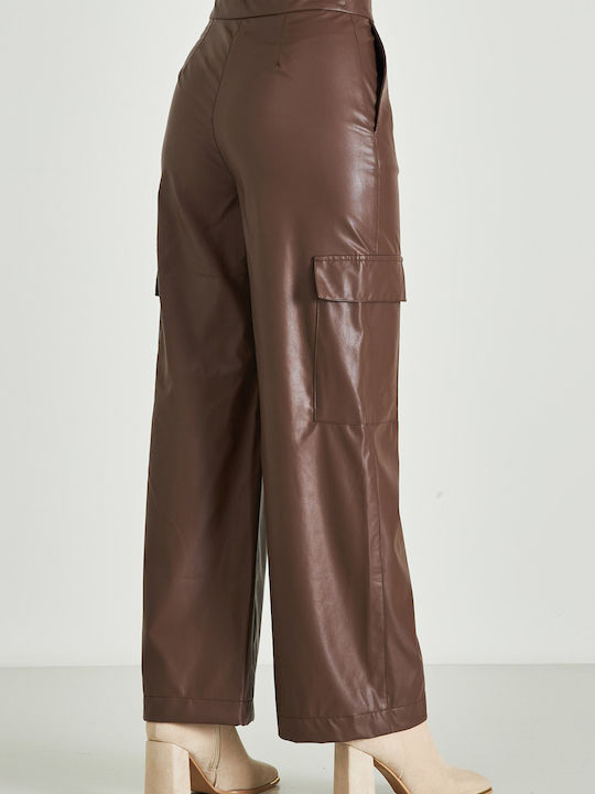 Cento Fashion Women's Leather Cargo Trousers coffee