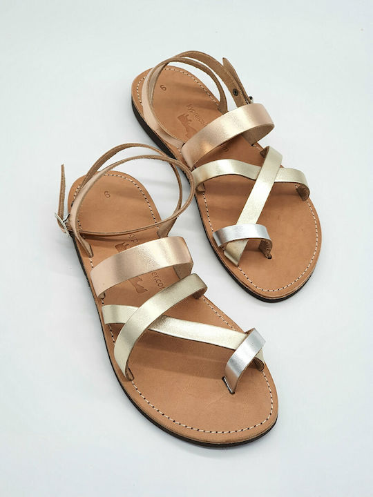 Kypraiosleather Leather Women's Flat Sandals with Strap Silver/Gold/Bronze