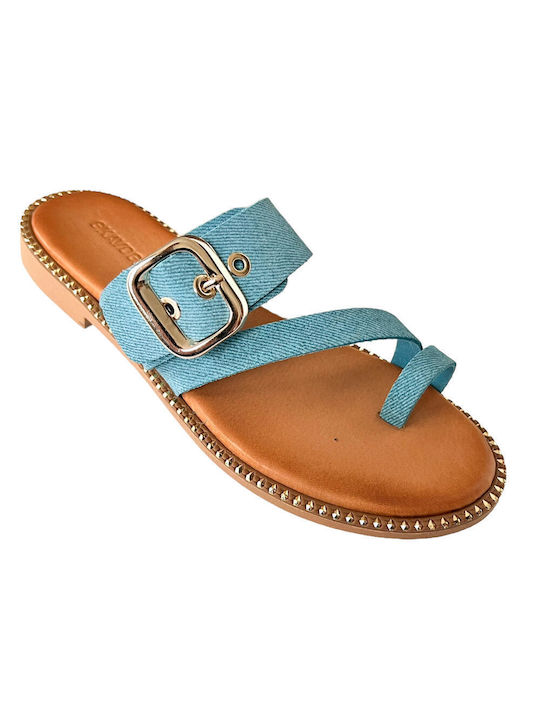 Gkavogiannis Sandals Leather Women's Flat Sandals in Light Blue Color