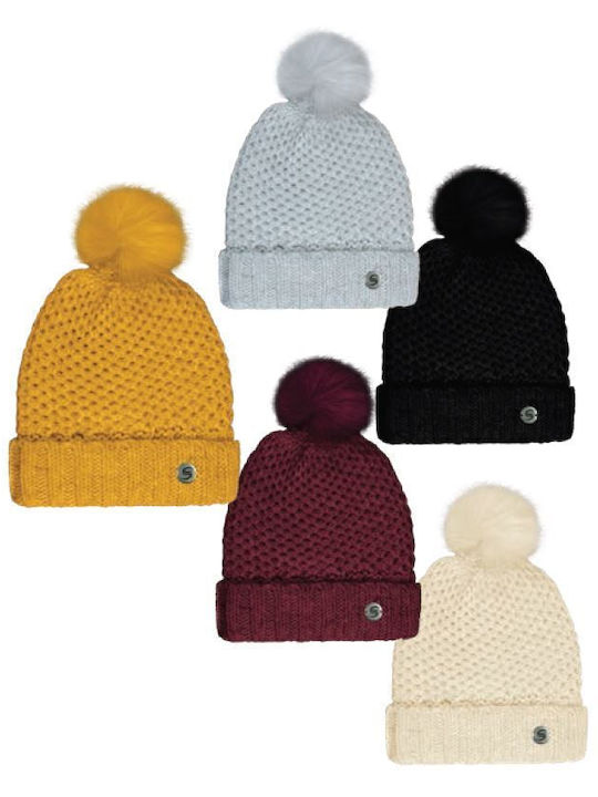 Pom Pom Beanie Γυναικείος Σκούφος Πλεκτός σε Μπορντό χρώμα