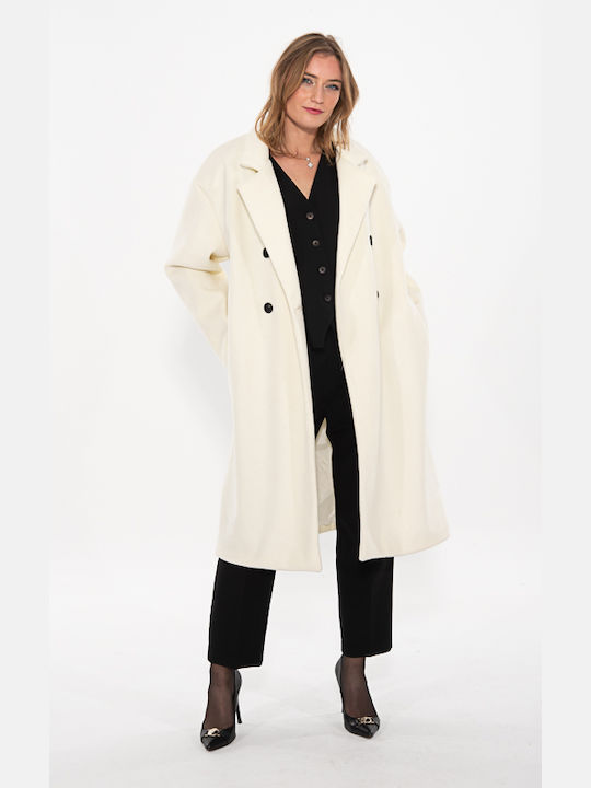 Korinas Fashion Women's Midi Coat with Buttons White