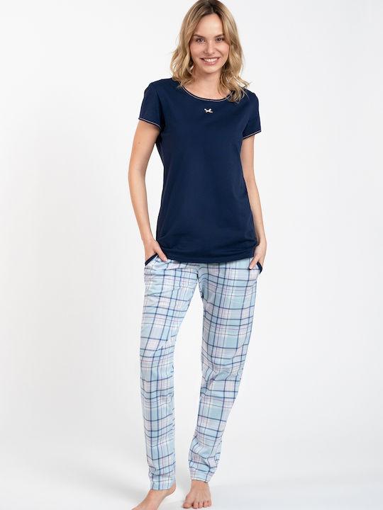 Italian Fashion Winter Damen Pyjama-Set Baumwolle Blau