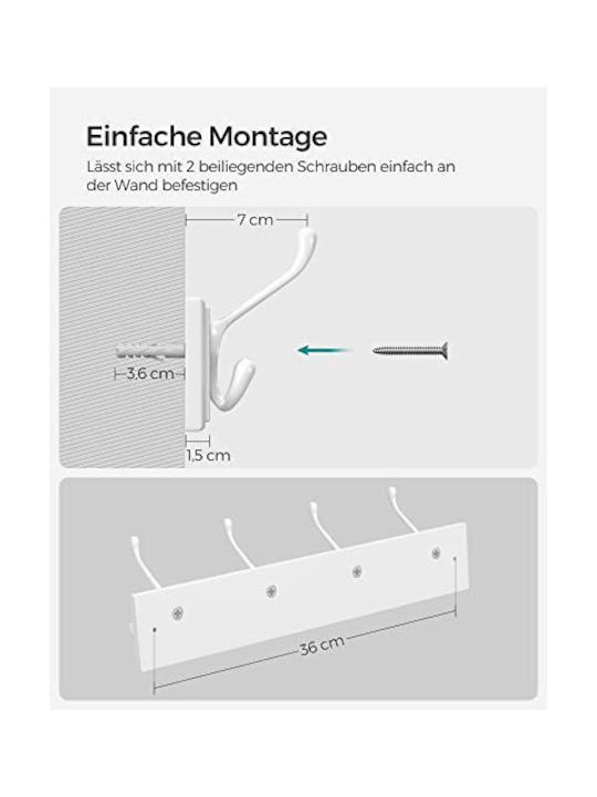 Songmics Wooden Wall Hanger 12 Hooks White 40x7x11cm